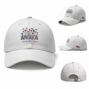 Floral 250th Anniversary Baseball Cap Wildflower Independence Day 250 Years Birthday 1776 2026 TS10 Baseball Cap Universal Fit White Print Your Wear