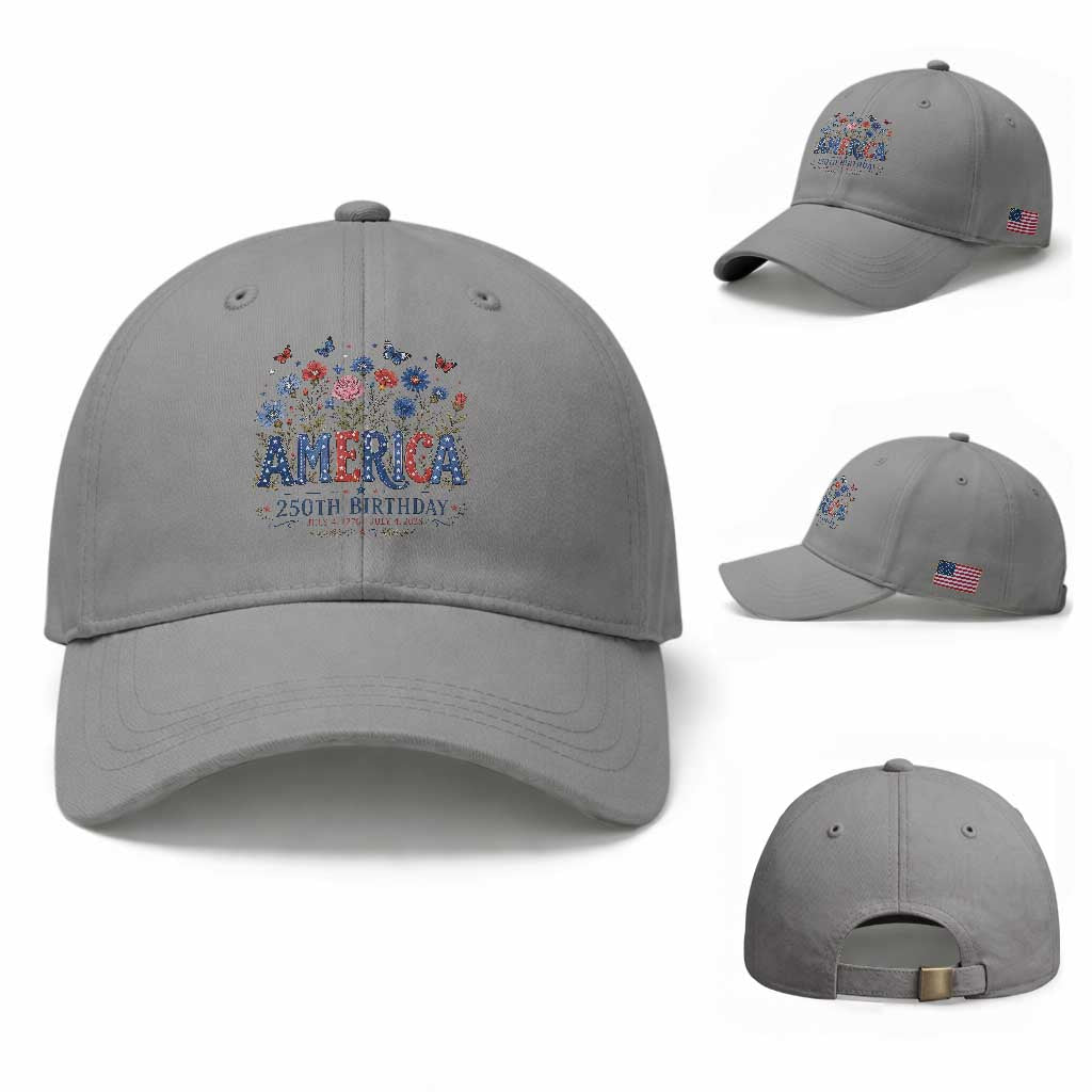 Floral 250th Anniversary Baseball Cap Wildflower Independence Day 250 Years Birthday 1776 2026 TS10 Baseball Cap Universal Fit Sport Gray Print Your Wear