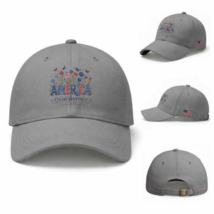 Floral 250th Anniversary Baseball Cap Wildflower Independence Day 250 Years Birthday 1776 2026 TS10 Baseball Cap Universal Fit Sport Gray Print Your Wear