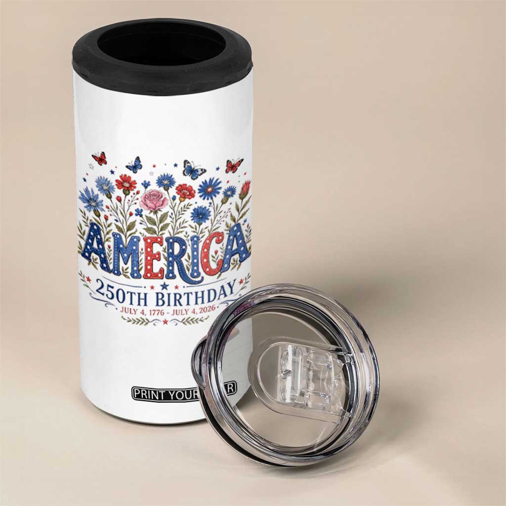 Floral 250th Anniversary 4 in 1 Can Cooler Tumbler Wildflower Independence Day 250 Years Birthday 1776 2026 TS10 Print Your Wear