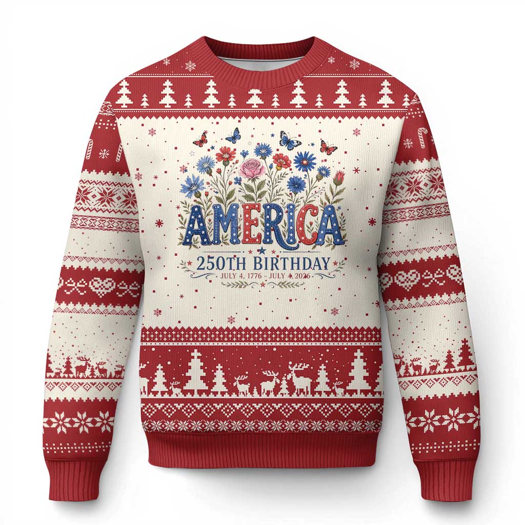 Floral 250th Anniversary Ugly Christmas Sweater Wildflower Independence Day 250 Years Birthday 1776 2026 TS10 Beige Red Print Your Wear