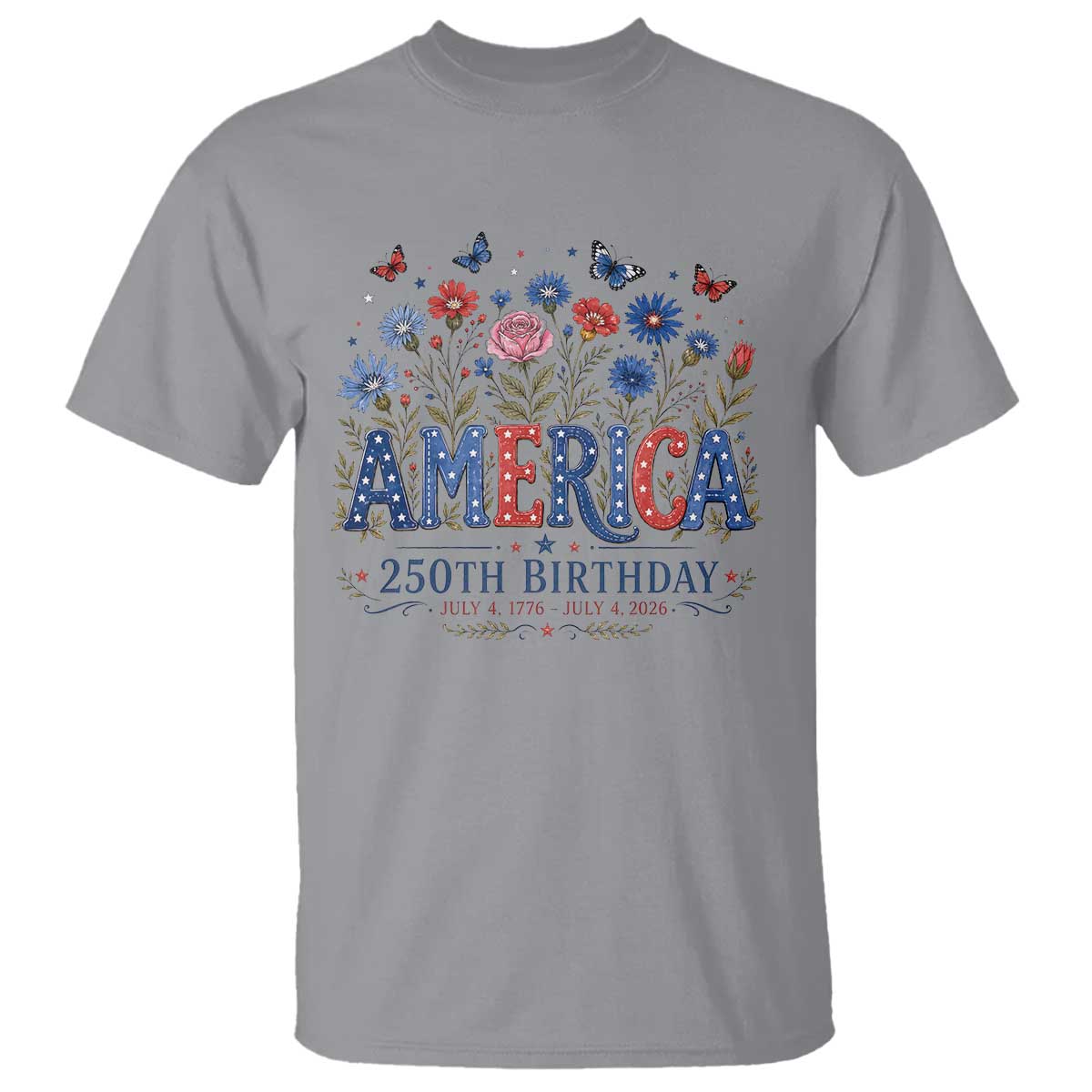 Floral 250th Anniversary T Shirt Wildflower Independence Day 250 Years Birthday 1776 2026 TS10 Sport Gray Print Your Wear