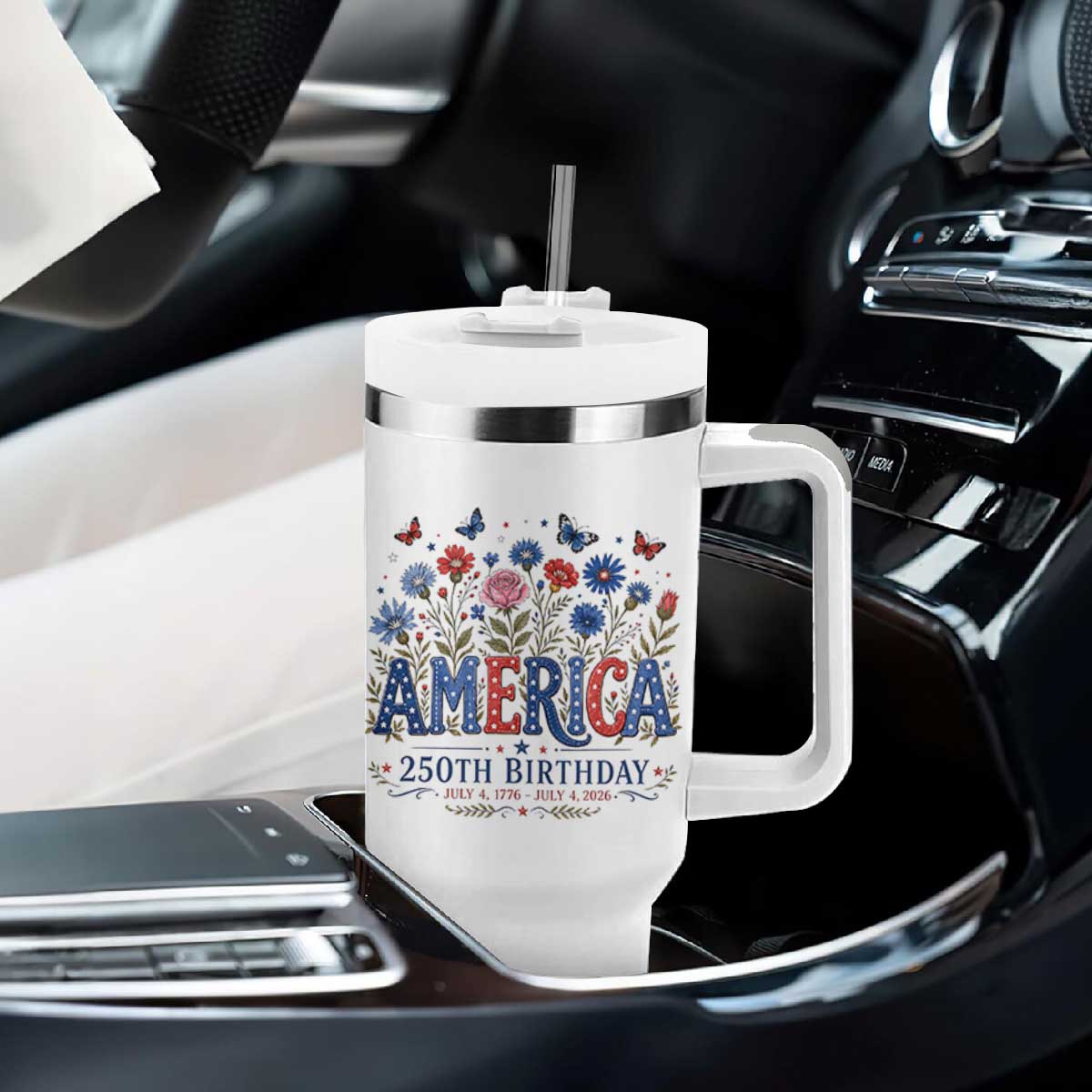 Floral 250th Anniversary Tumbler With Handle Wildflower Independence Day 250 Years Birthday 1776 2026 TS10 Print Your Wear