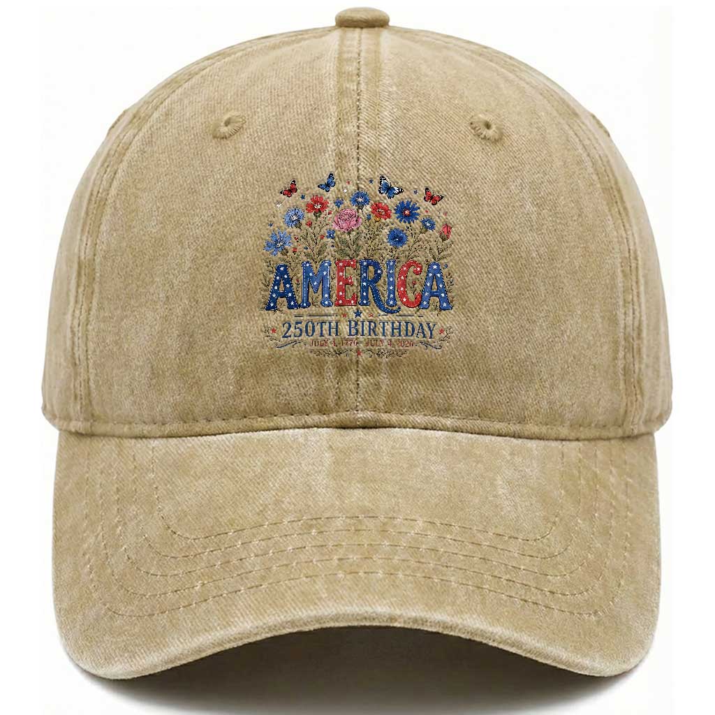 Floral 250th Anniversary Washed Cotton Baseball Cap Wildflower Independence Day 250 Years Birthday 1776 2026 TS10 Print Your Wear