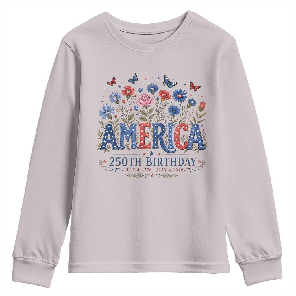 Floral 250th Anniversary Youth Sweatshirt Wildflower Independence Day 250 Years Birthday 1776 2026 TS10 Ice Gray Print Your Wear
