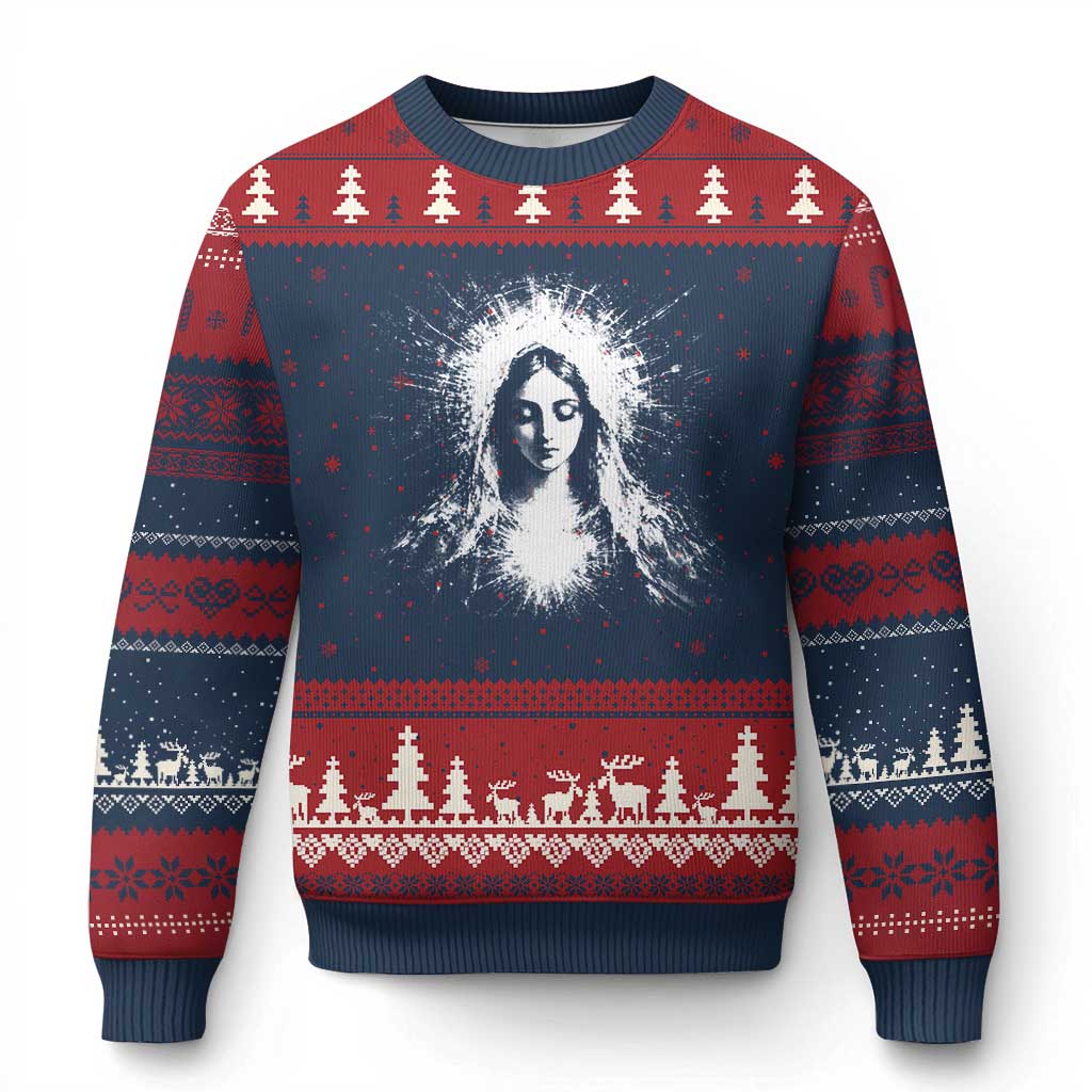 Catholic Virgin Mary Ugly Christmas Sweater Vintage Marian Face Christian Our Lady TS10 Navy Red Print Your Wear