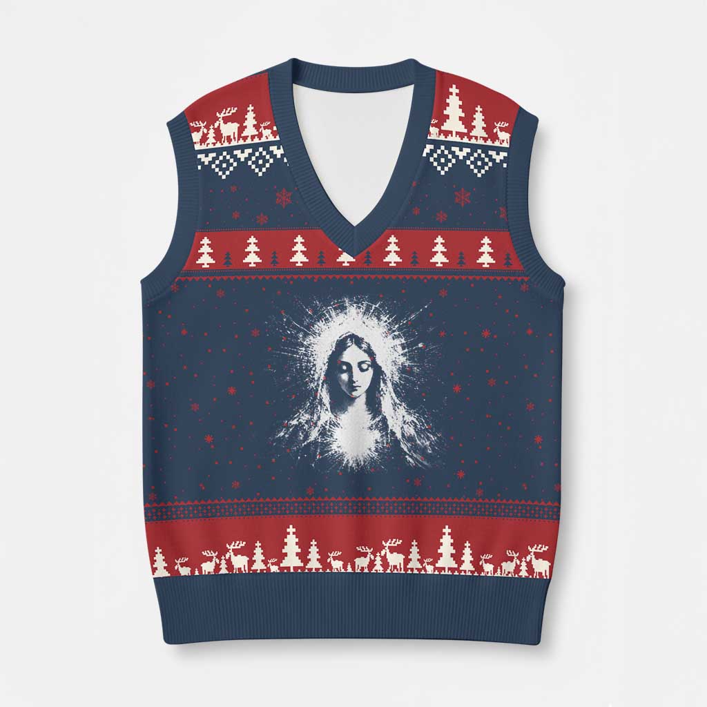 Catholic Virgin Mary V-Neck Knit Sweater Vest Vintage Marian Face Christian Our Lady TS10 Navy Red Print Your Wear