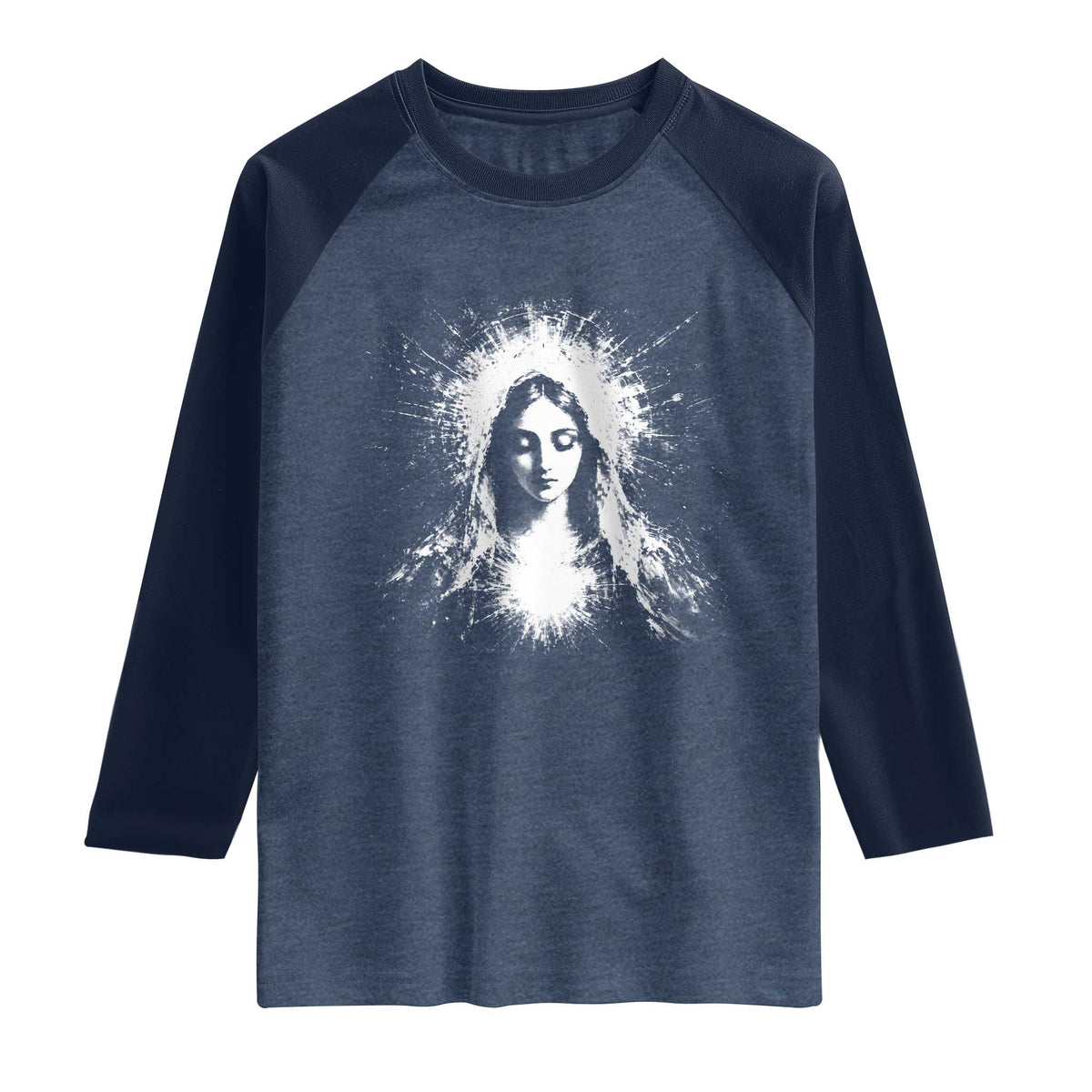 Catholic Virgin Mary Raglan Shirt Vintage Marian Face Christian Our Lady TS10 Heather Denim Navy Print Your Wear
