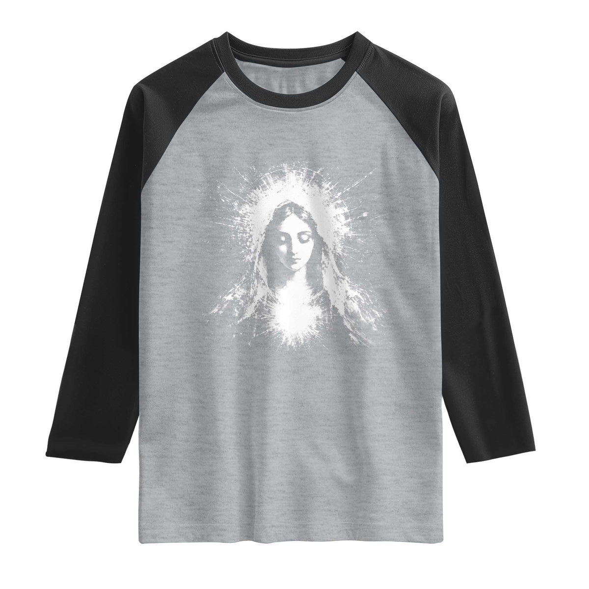 Catholic Virgin Mary Raglan Shirt Vintage Marian Face Christian Our Lady TS10 Heather Gray Black Print Your Wear