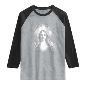 Catholic Virgin Mary Raglan Shirt Vintage Marian Face Christian Our Lady TS10 Heather Gray Black Print Your Wear