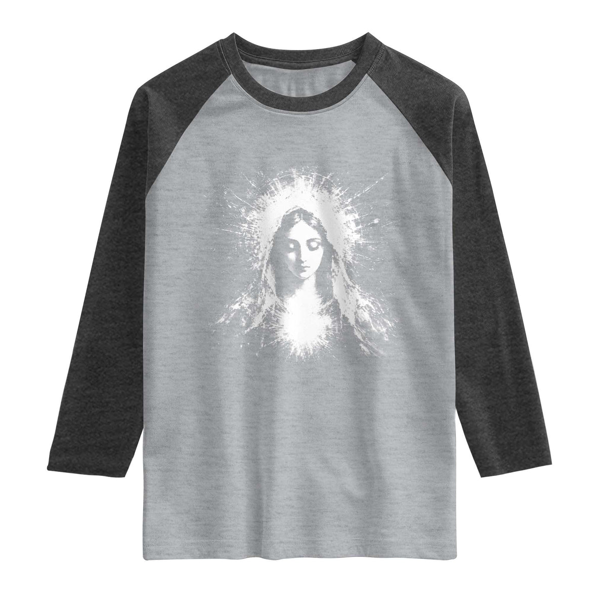 Catholic Virgin Mary Raglan Shirt Vintage Marian Face Christian Our Lady TS10 Heather Gray Heather Charcoal Print Your Wear