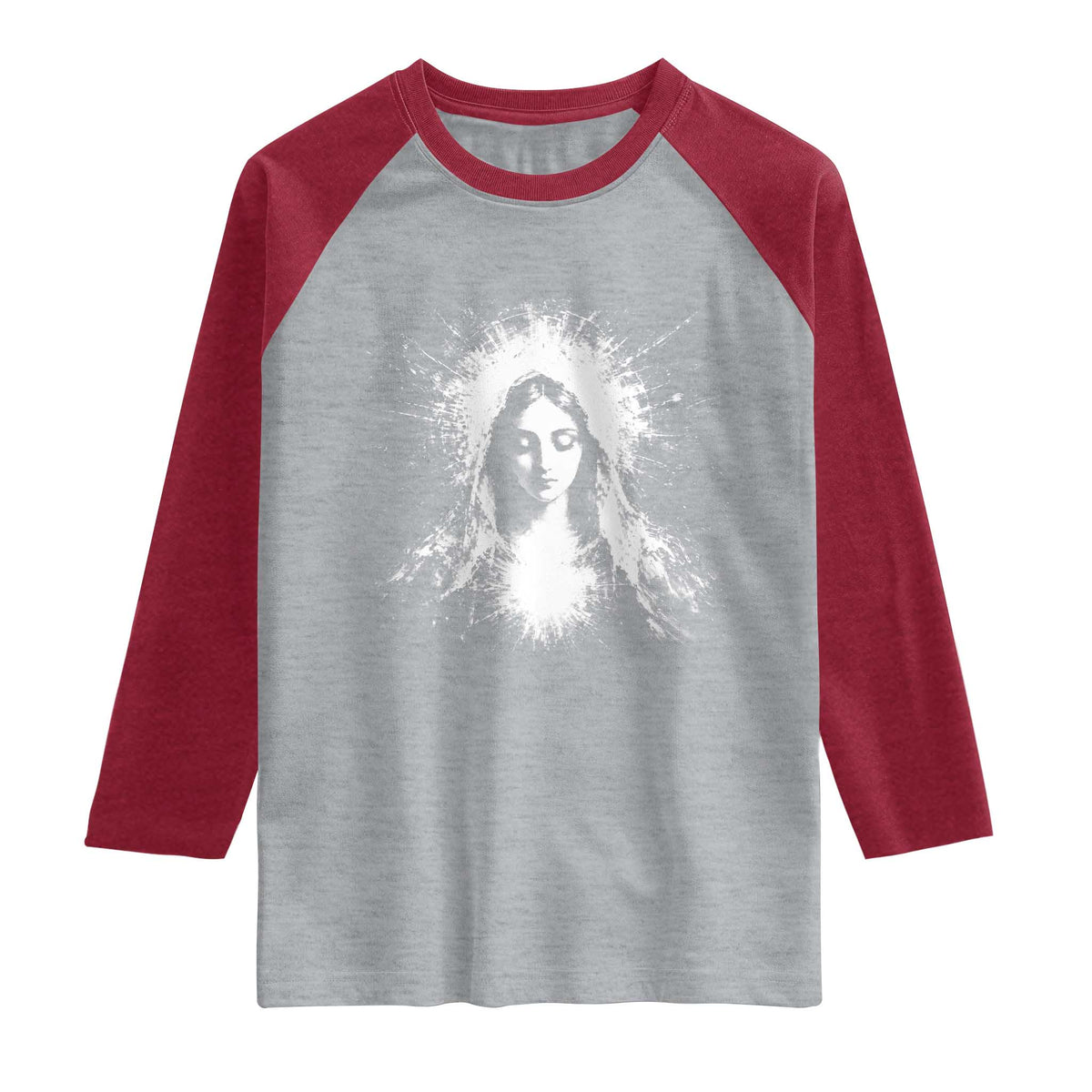 Catholic Virgin Mary Raglan Shirt Vintage Marian Face Christian Our Lady TS10 Heather Gray Heather Red Print Your Wear
