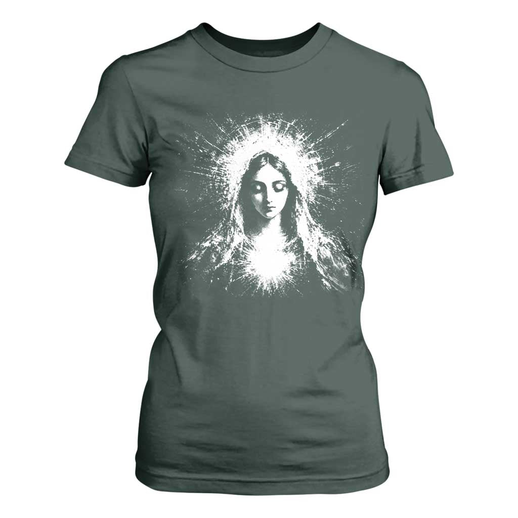 Catholic Virgin Mary T Shirt For Women Vintage Marian Face Christian Our Lady TS10 Dark Forest Green Print Your Wear