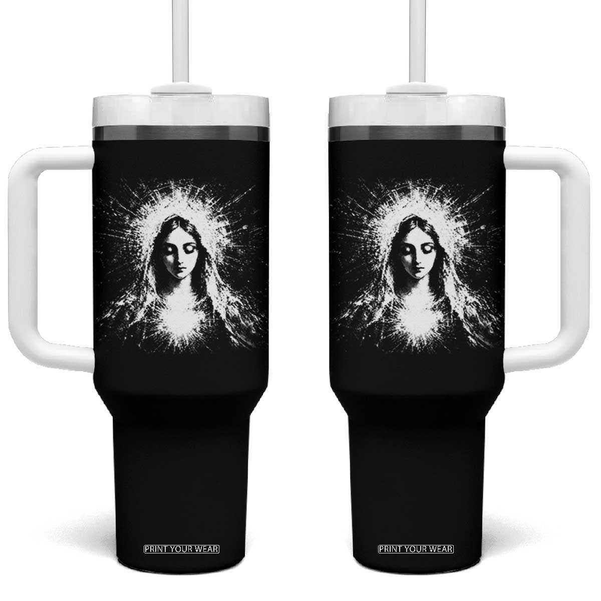 Catholic Virgin Mary Tumbler With Handle Vintage Marian Face Christian Our Lady TS10 One Size: 40 oz Black Print Your Wear