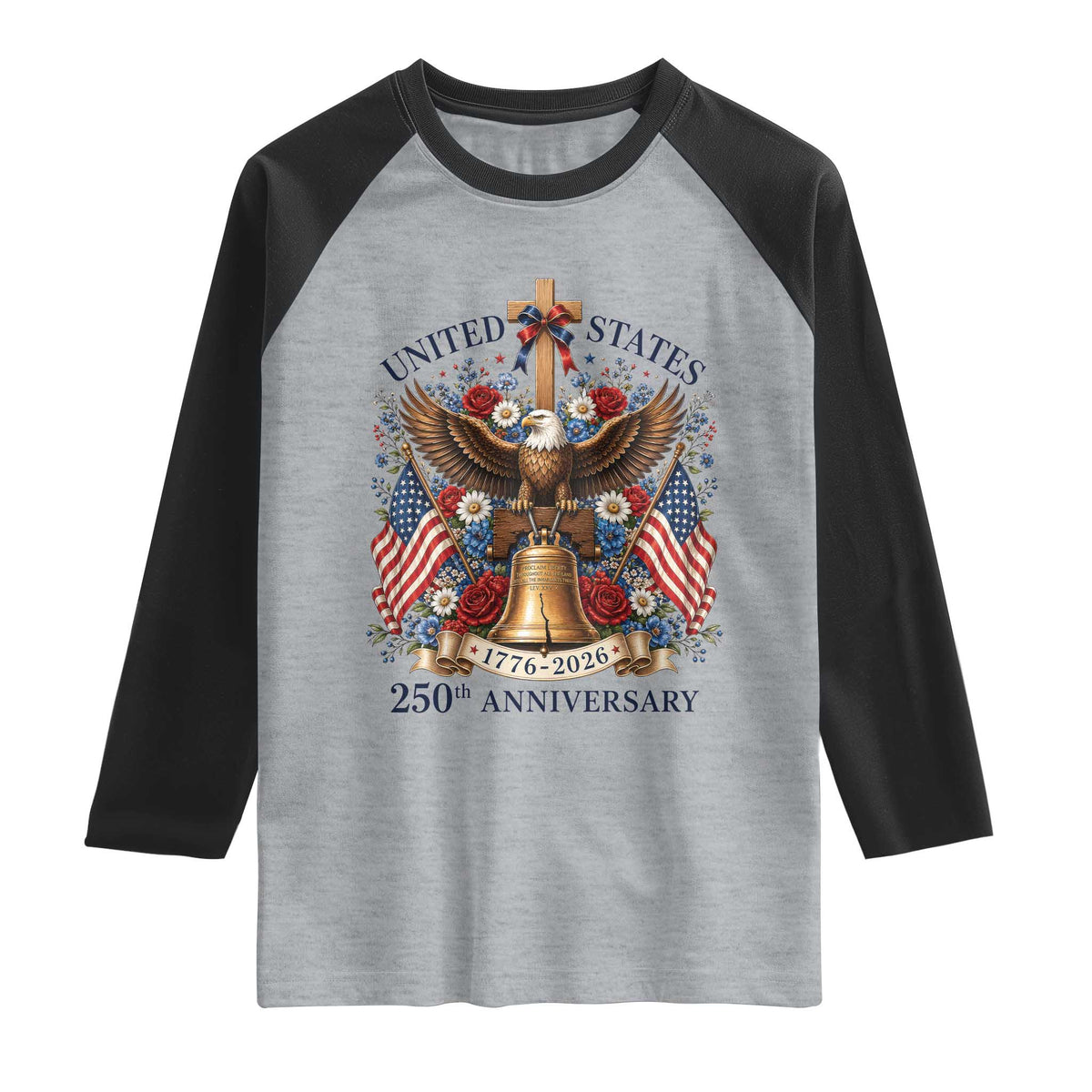 250 Anniversary USA Patriotic Eagle Raglan Shirt Flower 250th Birthday 4th Of July 2026 TS10 Heather Gray Black Print Your Wear