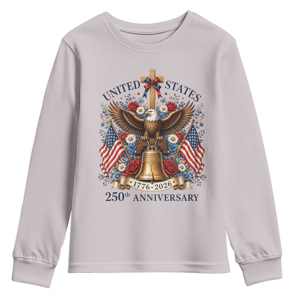 250 Anniversary USA Patriotic Eagle Youth Sweatshirt Flower 250th Birthday 4th Of July 2026 TS10 Ice Gray Print Your Wear