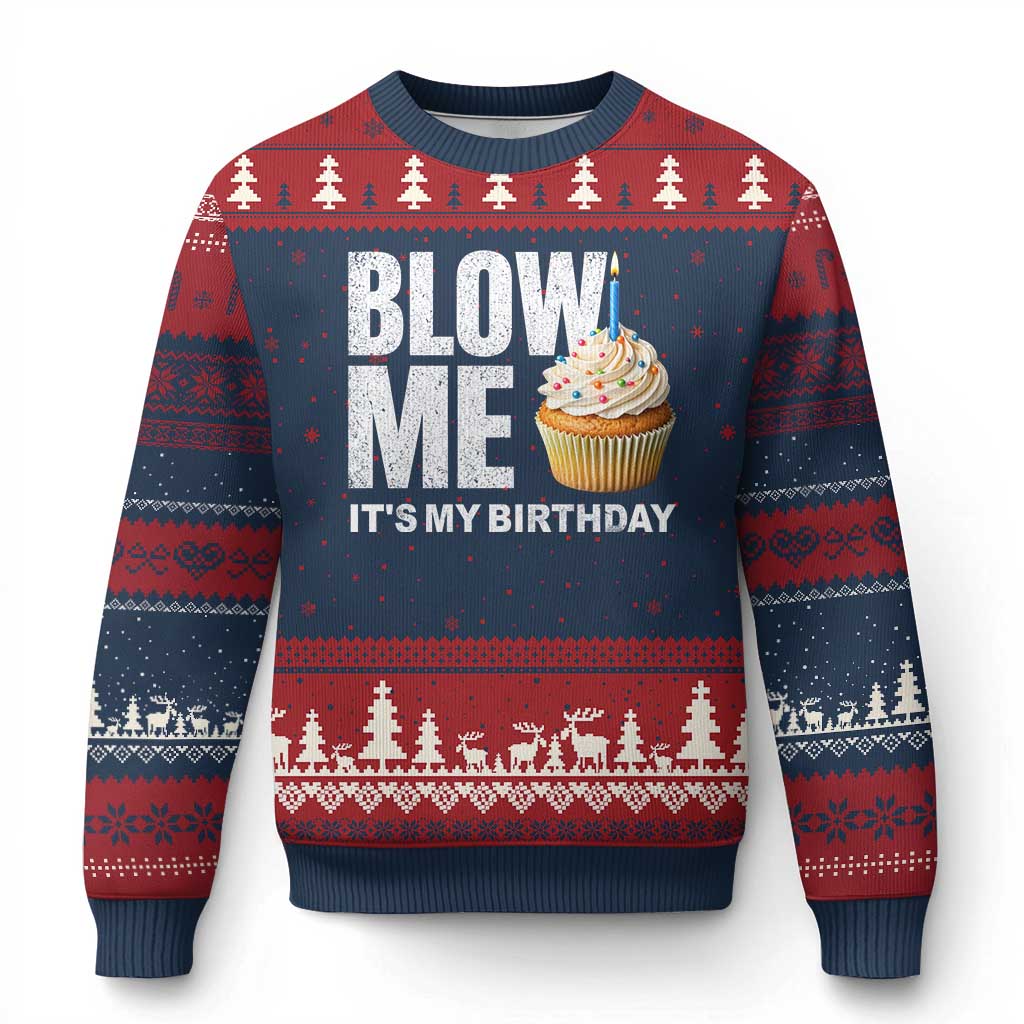 Blow Me Its My Birthday Ugly Christmas Sweater Funny Adult Humor Dirty Jokes Bday Gag Gifts TS10 Navy Red Print Your Wear