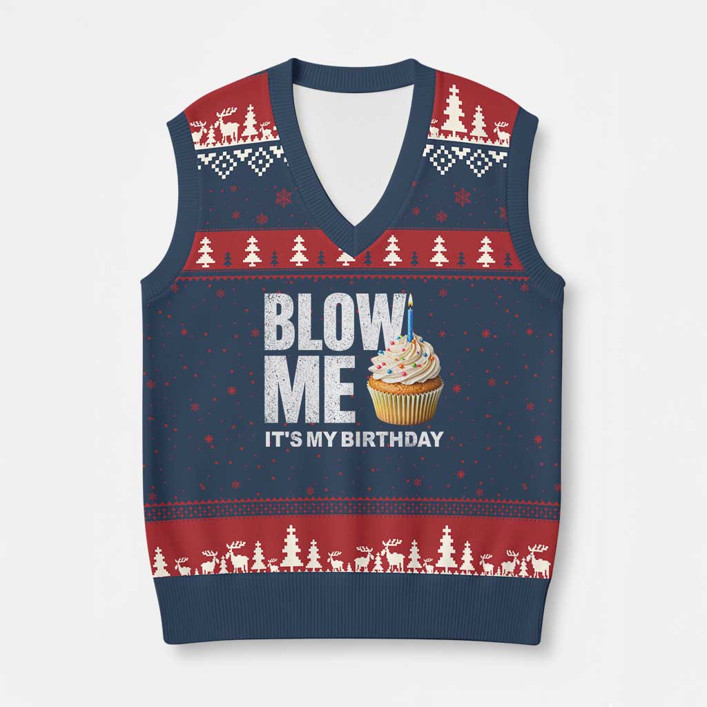 Blow Me Its My Birthday V-Neck Knit Sweater Vest Funny Adult Humor Dirty Jokes Bday Gag Gifts TS10 Navy Red Print Your Wear