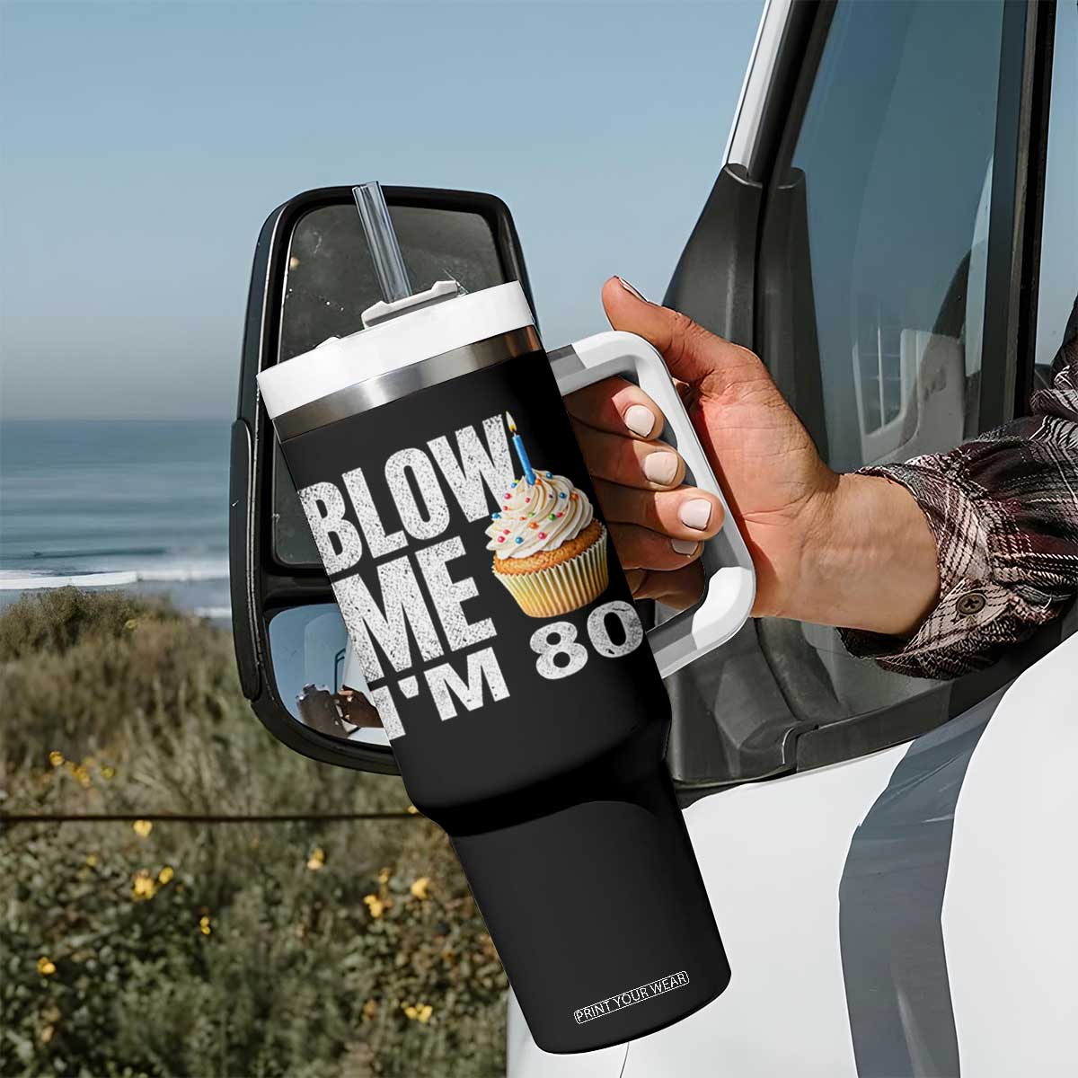 Funny 80th Birthday Tumbler With Handle Blow Me Im 80 Year Old Bday Gag Gift Saying TS10 Print Your Wear