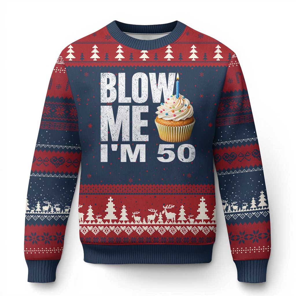 Funny 50th Birthday Ugly Christmas Sweater Blow Me Im 50 Year Old Bday Gag Gift Saying TS10 Navy Red Print Your Wear