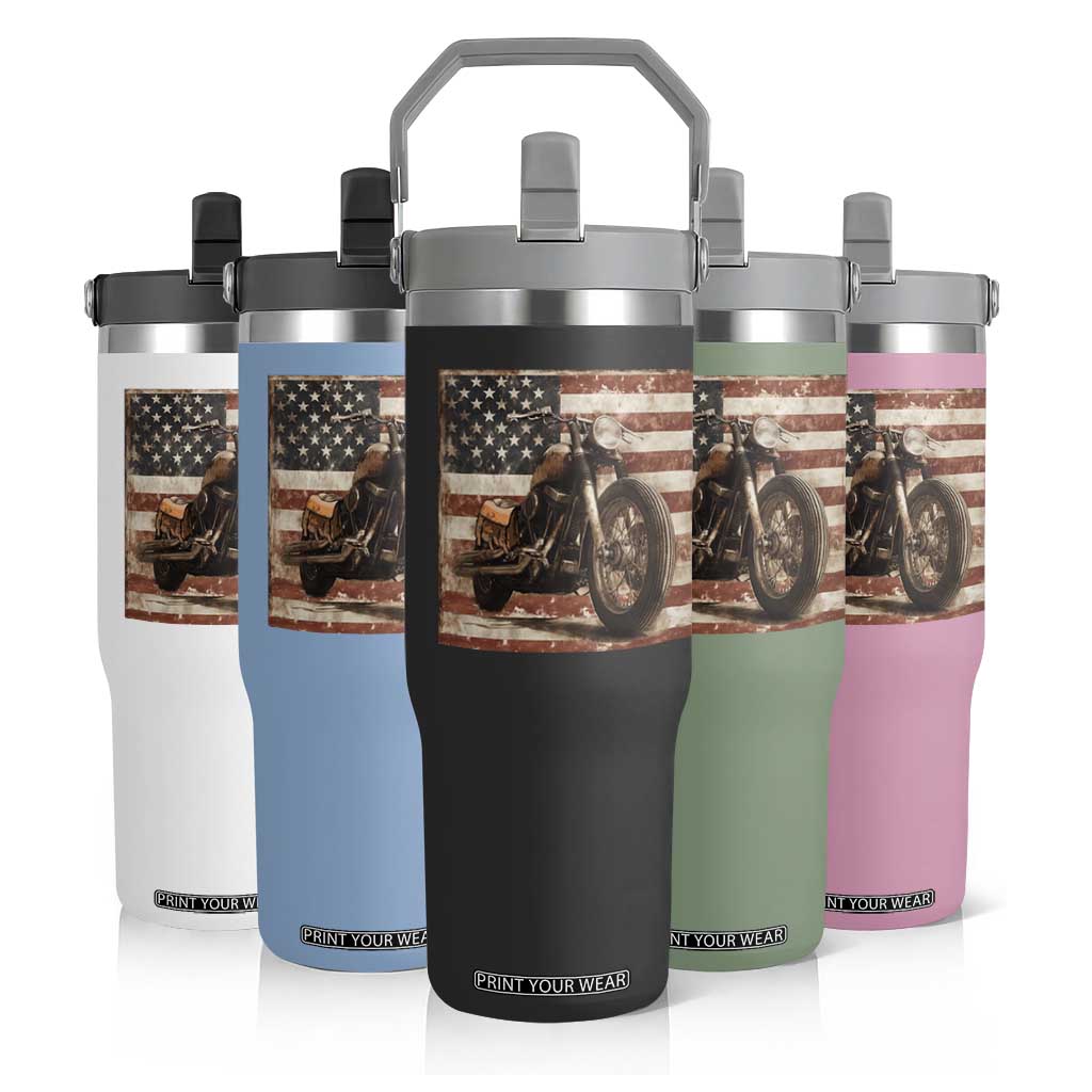 American Flag Motorcycle Flip Straw Tumbler Vintage Retro Biker USA 4th of July TS10 Print Your Wear