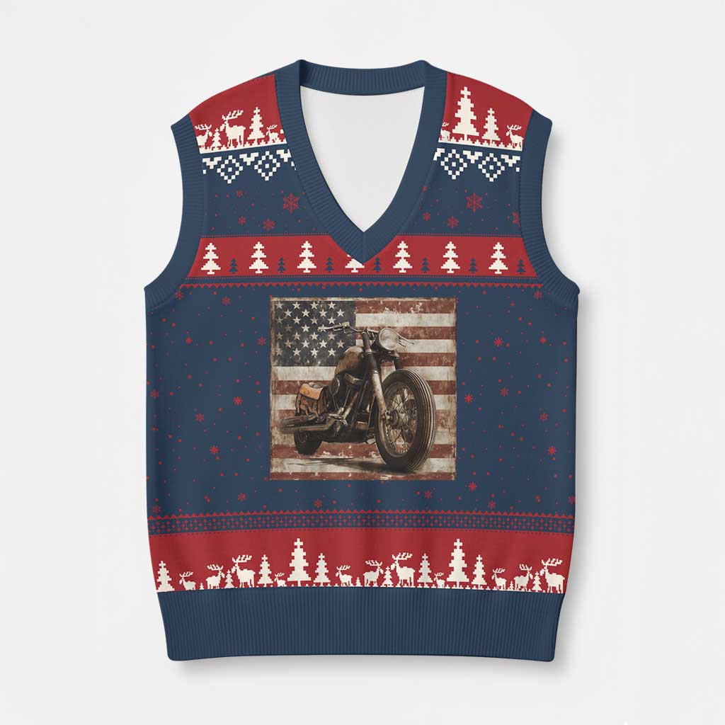 American Flag Motorcycle V-Neck Knit Sweater Vest Vintage Retro Biker USA 4th of July TS10 Navy Red Print Your Wear