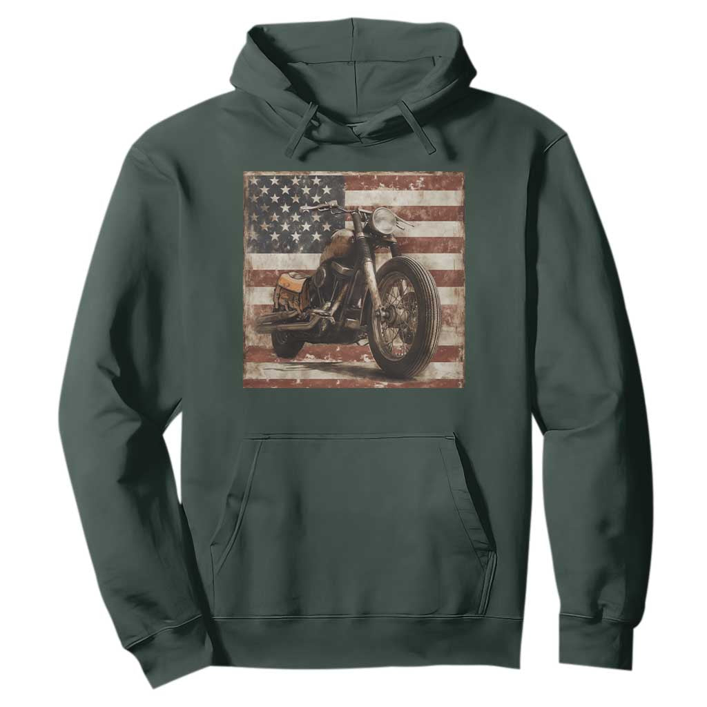 American Flag Motorcycle Hoodie Vintage Retro Biker USA 4th of July TS10 Dark Forest Green Print Your Wear