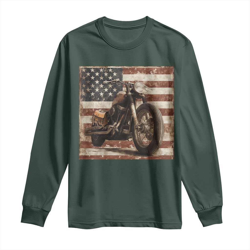 American Flag Motorcycle Long Sleeve Shirt Vintage Retro Biker USA 4th of July TS10 Dark Forest Green Print Your Wear