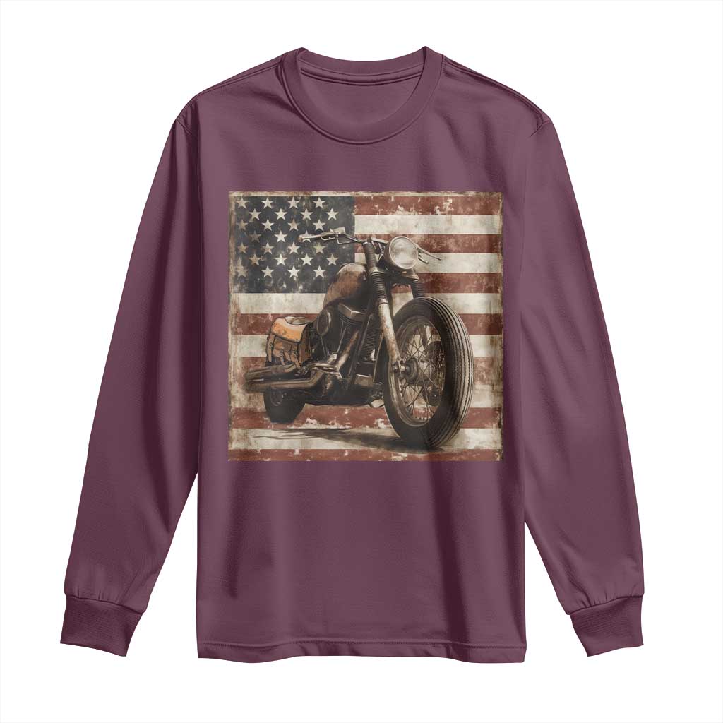 American Flag Motorcycle Long Sleeve Shirt Vintage Retro Biker USA 4th of July TS10 Maroon Print Your Wear
