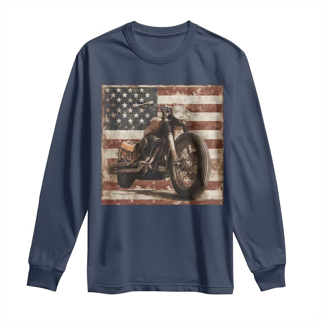 American Flag Motorcycle Long Sleeve Shirt Vintage Retro Biker USA 4th of July TS10 Navy Print Your Wear
