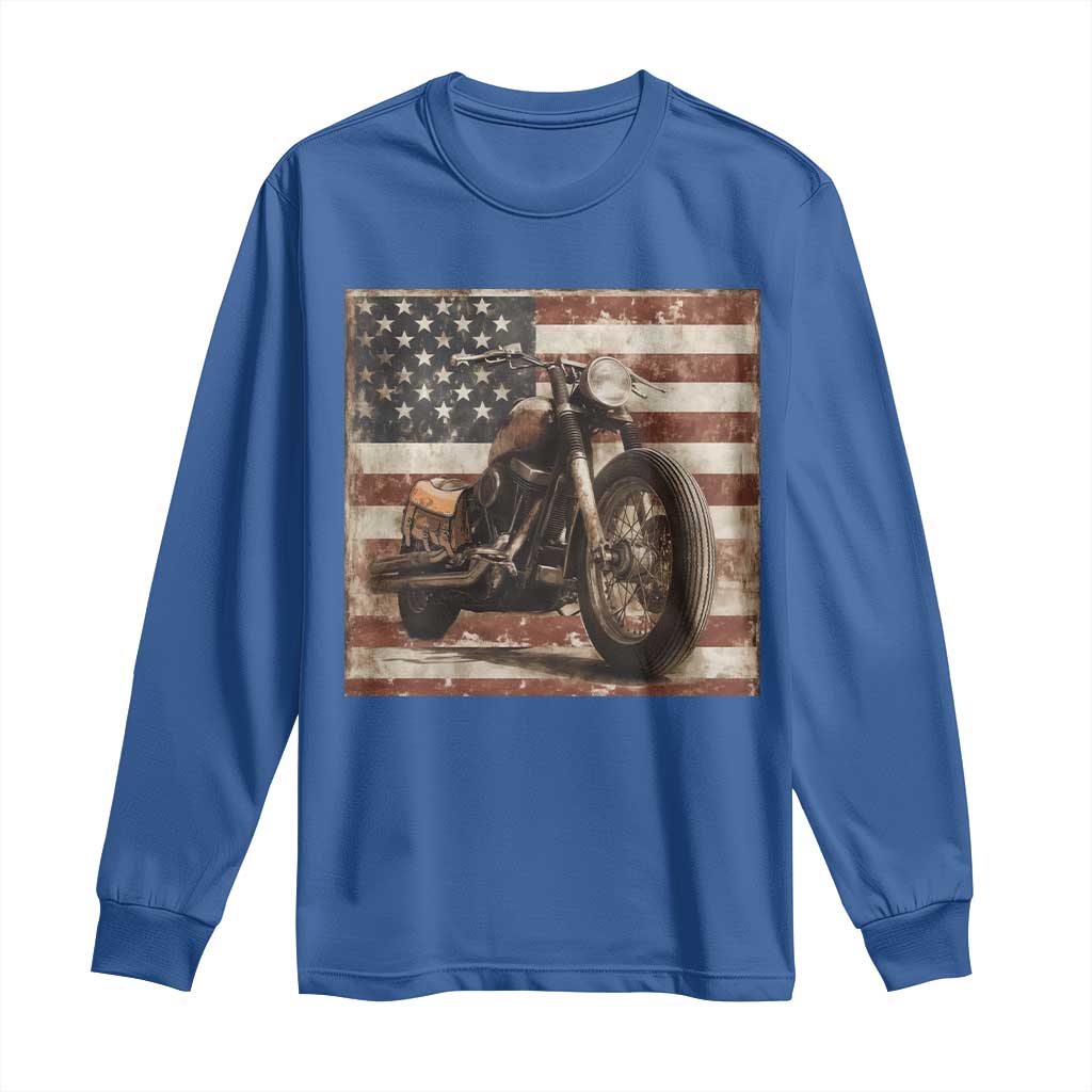 American Flag Motorcycle Long Sleeve Shirt Vintage Retro Biker USA 4th of July TS10 Royal Blue Print Your Wear