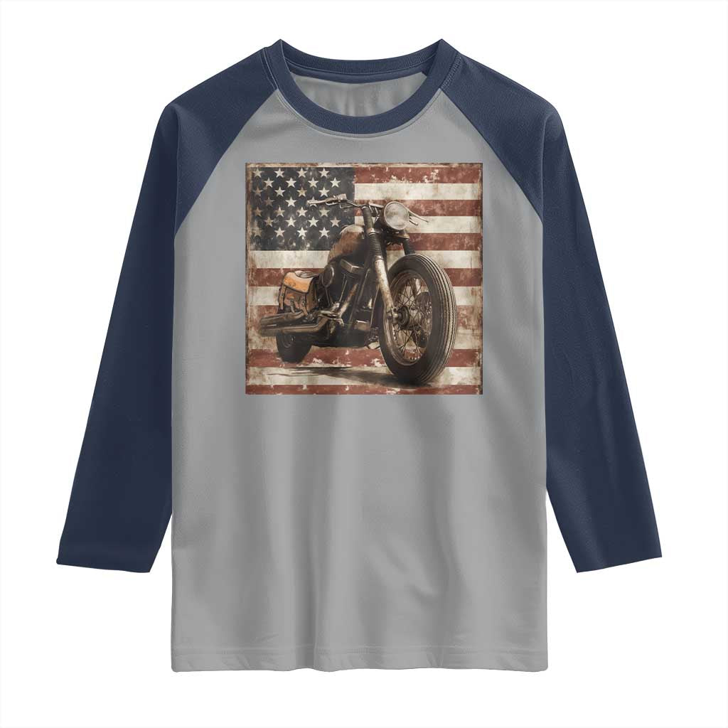 American Flag Motorcycle Raglan Shirt Vintage Retro Biker USA 4th of July TS10 Sport Gray Navy Print Your Wear