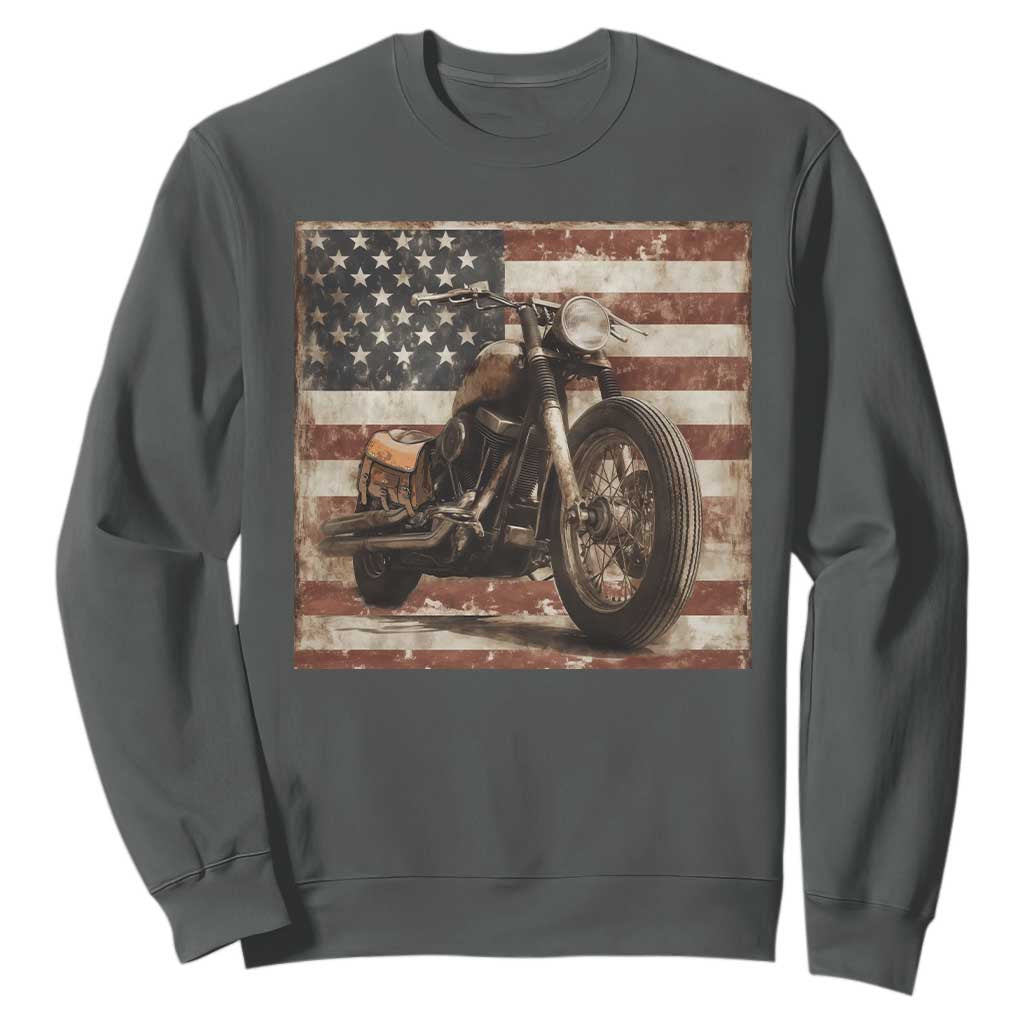 American Flag Motorcycle Sweatshirt Vintage Retro Biker USA 4th of July TS10 Dark Heather Print Your Wear
