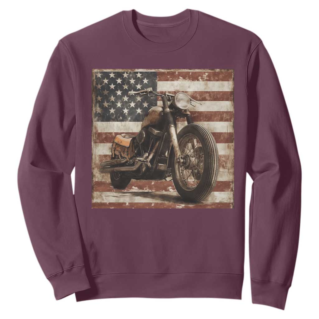 American Flag Motorcycle Sweatshirt Vintage Retro Biker USA 4th of July TS10 Maroon Print Your Wear