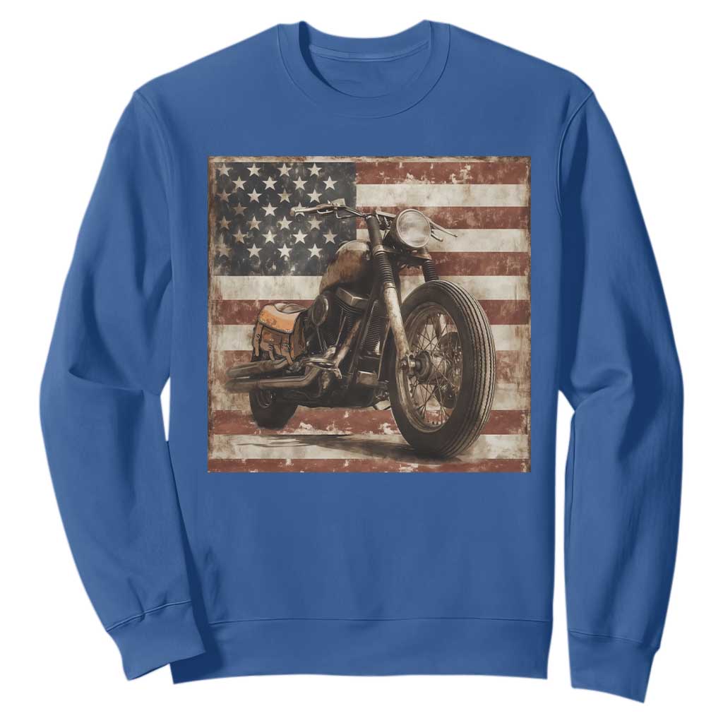 American Flag Motorcycle Sweatshirt Vintage Retro Biker USA 4th of July TS10 Royal Blue Print Your Wear