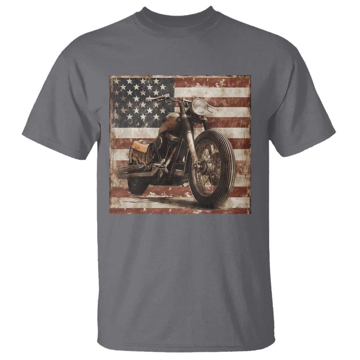 American Flag Motorcycle T Shirt Vintage Retro Biker USA 4th of July TS10 Charcoal Print Your Wear
