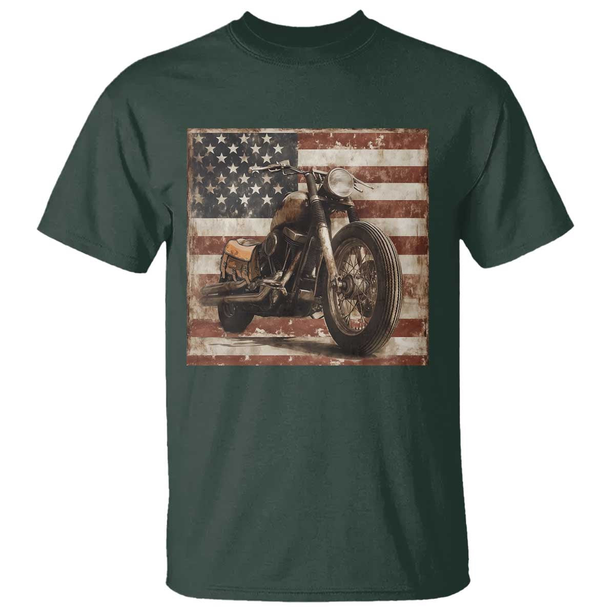American Flag Motorcycle T Shirt Vintage Retro Biker USA 4th of July TS10 Dark Forest Green Print Your Wear