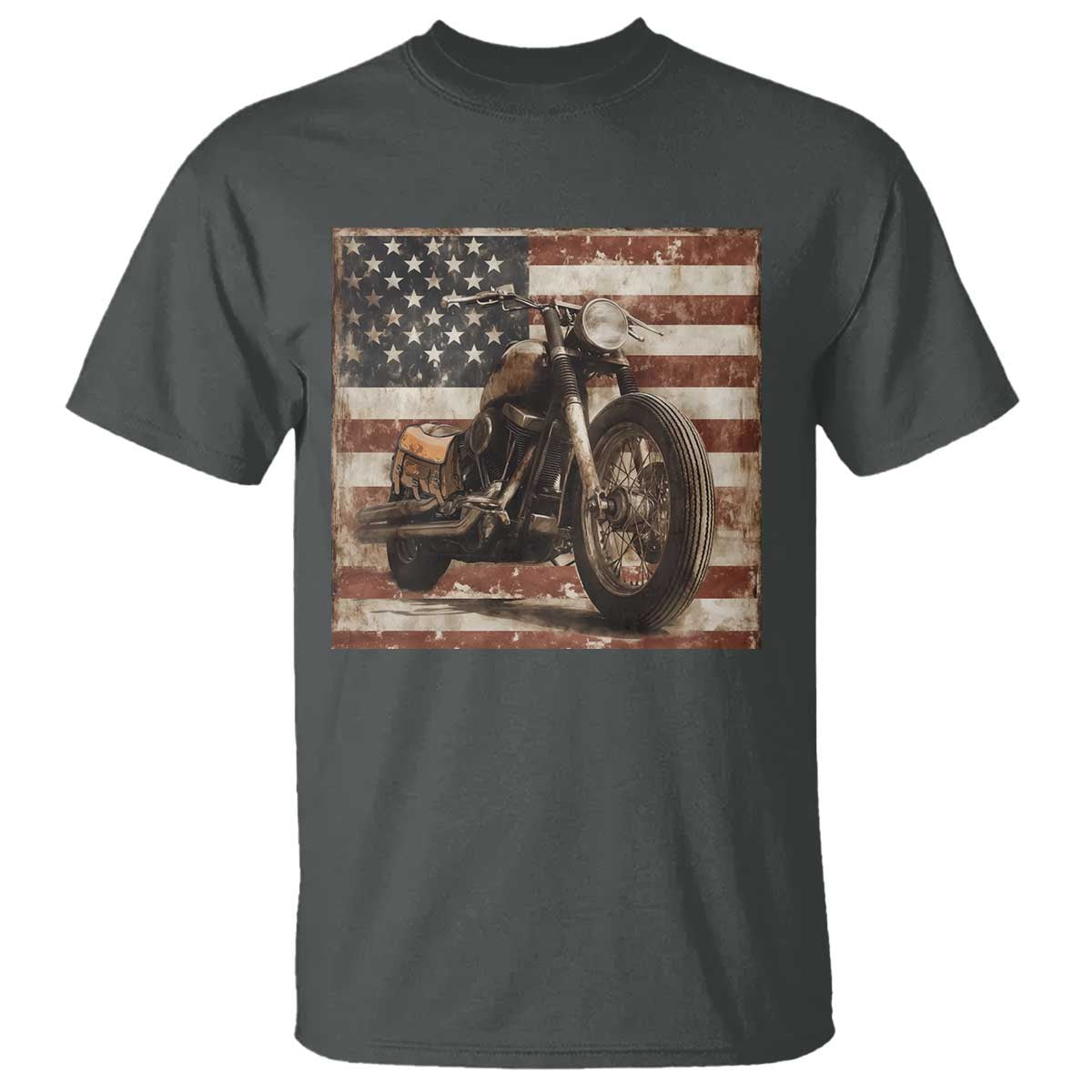 American Flag Motorcycle T Shirt Vintage Retro Biker USA 4th of July TS10 Dark Heather Print Your Wear