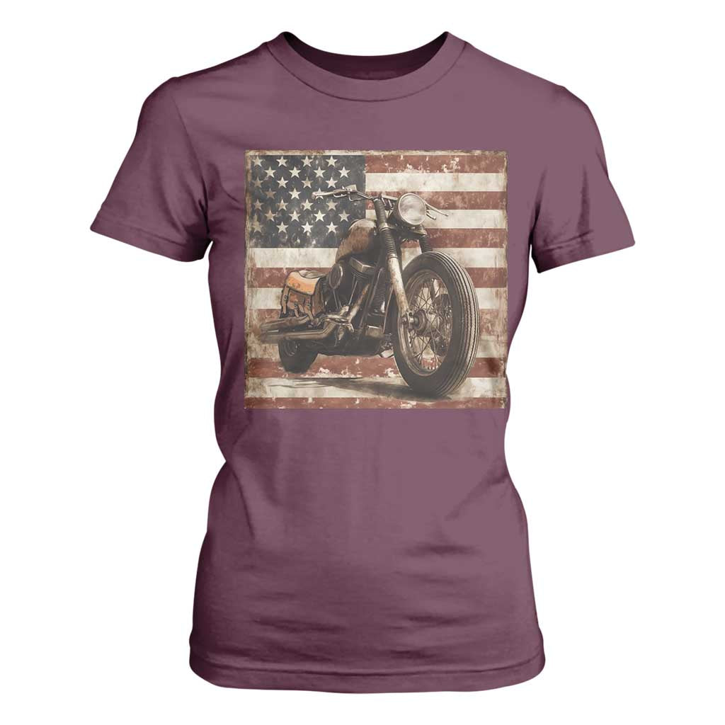 American Flag Motorcycle T Shirt For Women Vintage Retro Biker USA 4th of July TS10 Maroon Print Your Wear