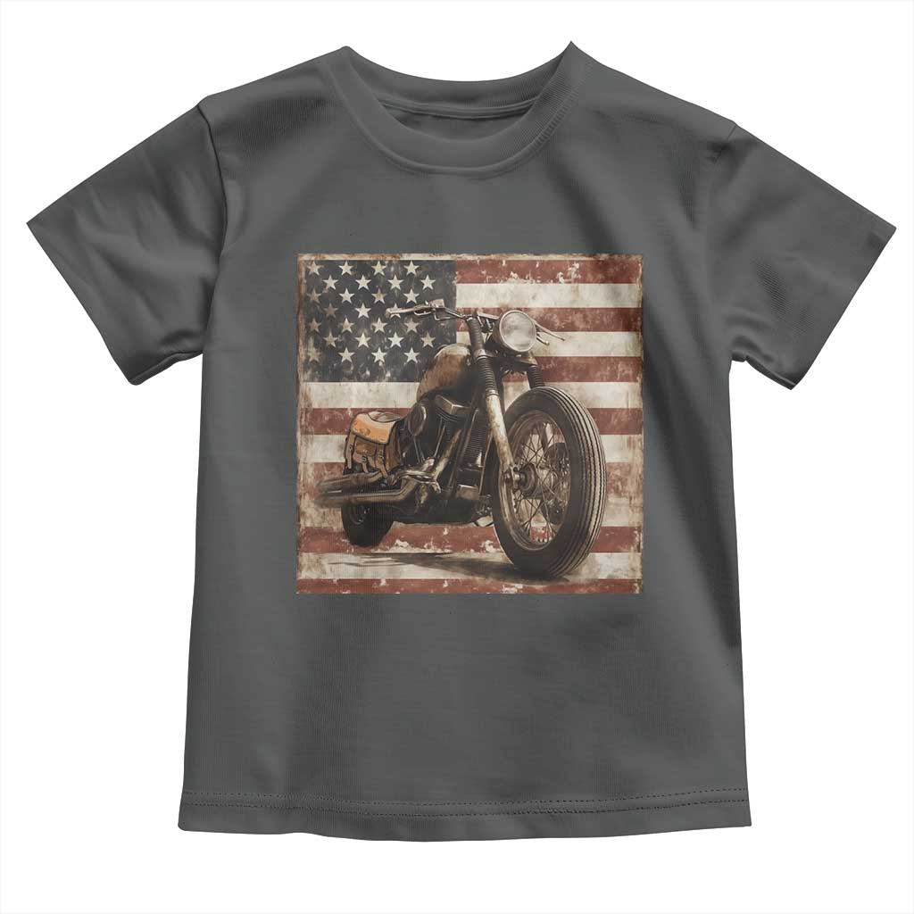 American Flag Motorcycle Toddler T Shirt Vintage Retro Biker USA 4th of July TS10 Dark Heather Print Your Wear