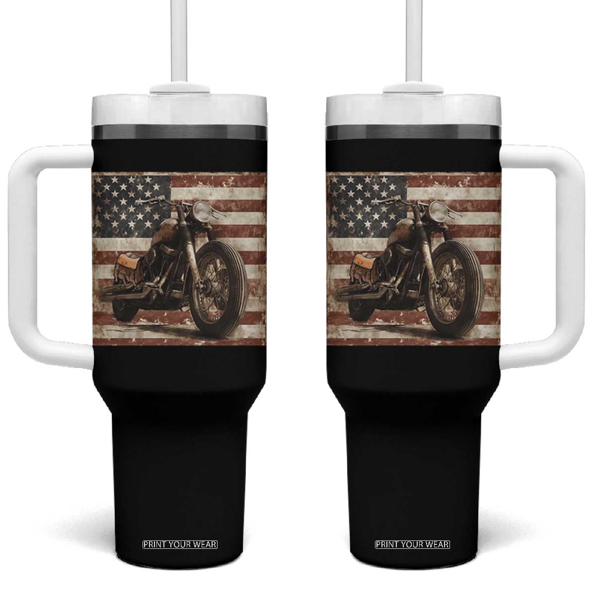 American Flag Motorcycle Tumbler With Handle Vintage Retro Biker USA 4th of July TS10 One Size: 40 oz Black Print Your Wear