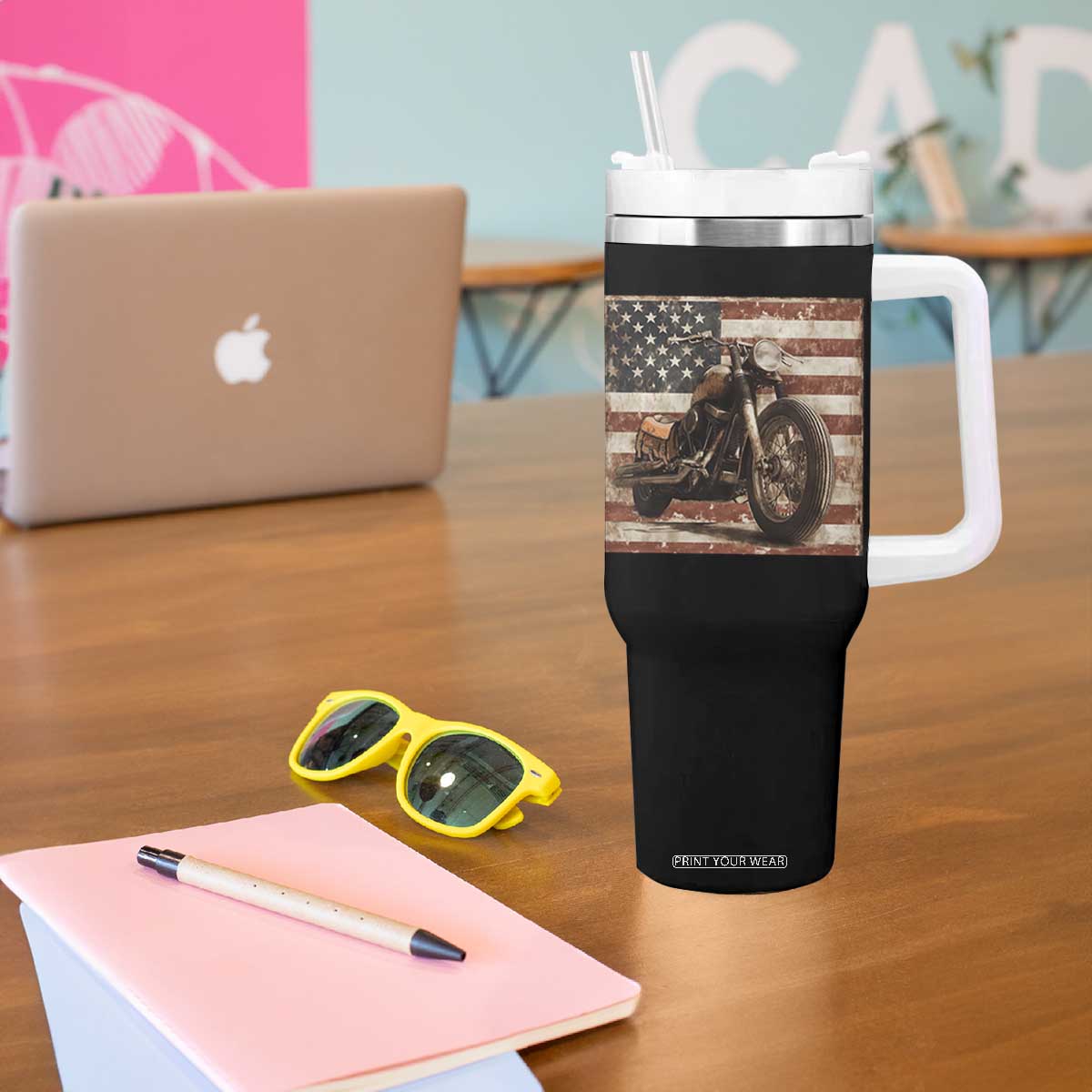 American Flag Motorcycle Tumbler With Handle Vintage Retro Biker USA 4th of July TS10 Print Your Wear