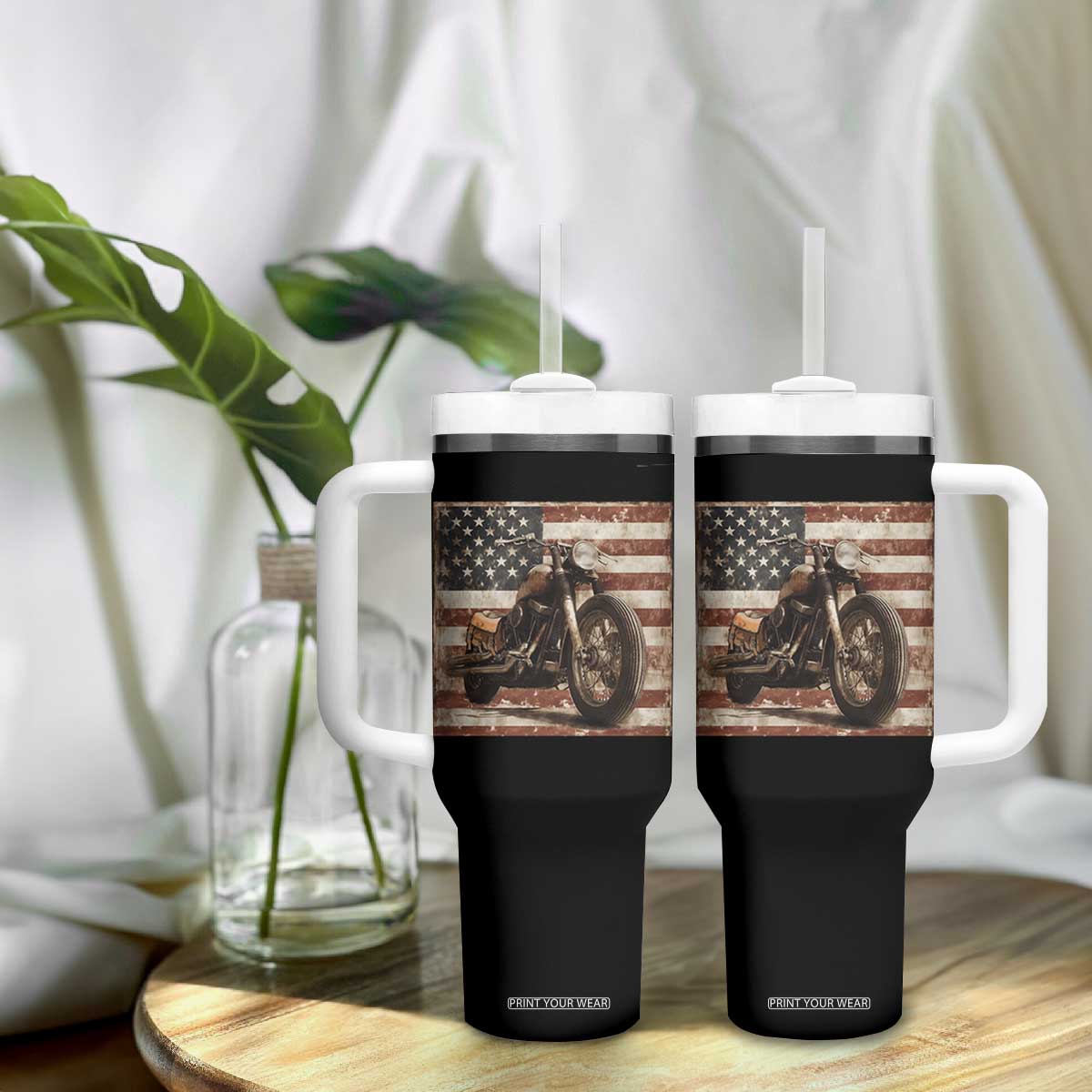 American Flag Motorcycle Tumbler With Handle Vintage Retro Biker USA 4th of July TS10 Print Your Wear