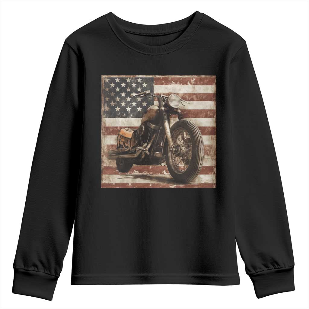 American Flag Motorcycle Youth Sweatshirt Vintage Retro Biker USA 4th of July TS10 Black Print Your Wear