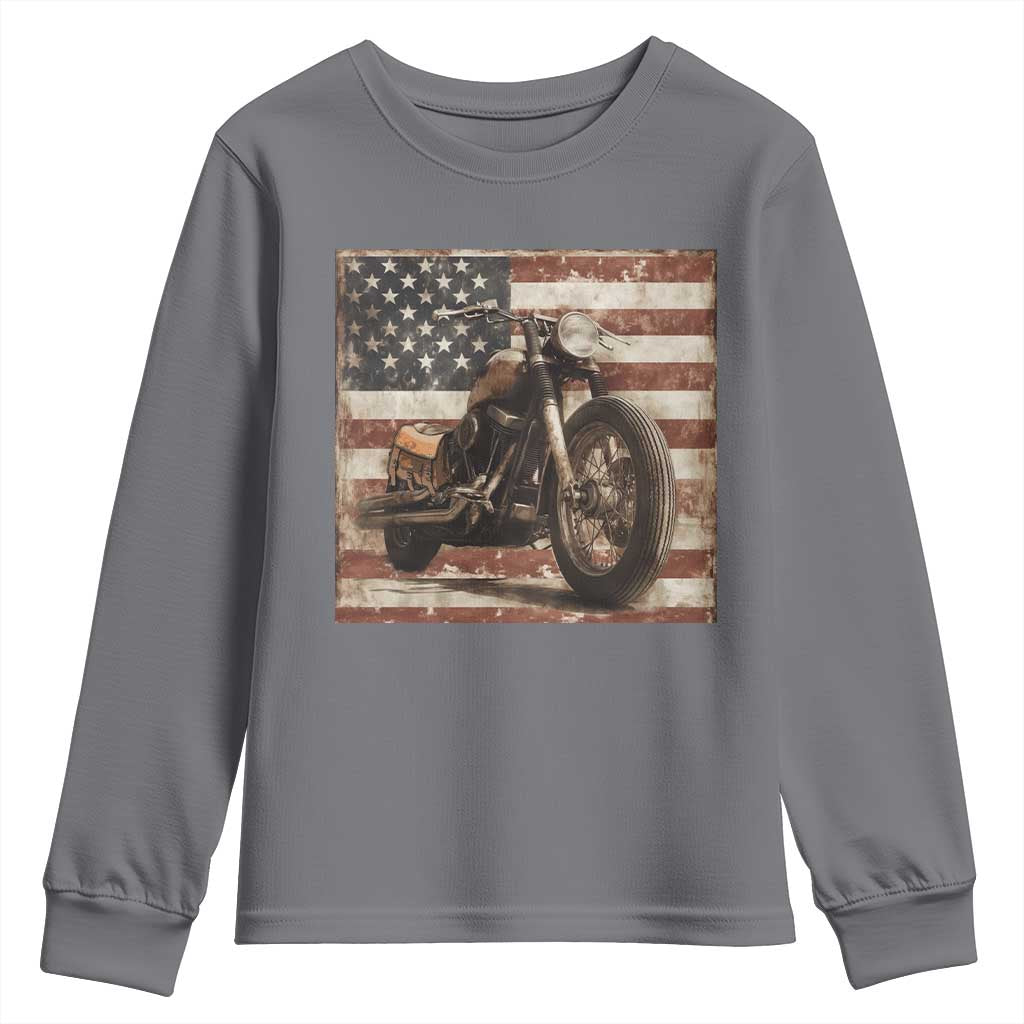 American Flag Motorcycle Youth Sweatshirt Vintage Retro Biker USA 4th of July TS10 Charcoal Print Your Wear