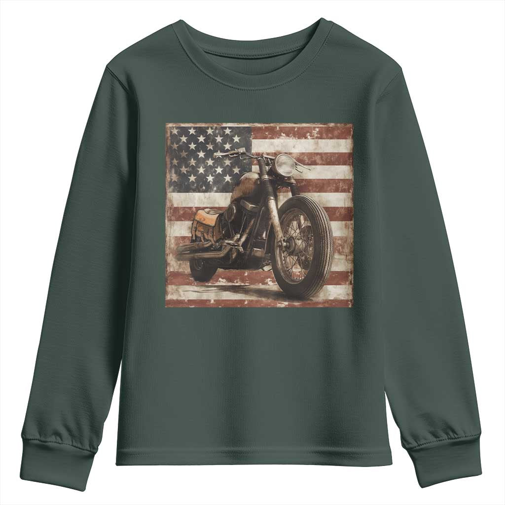 American Flag Motorcycle Youth Sweatshirt Vintage Retro Biker USA 4th of July TS10 Dark Forest Green Print Your Wear