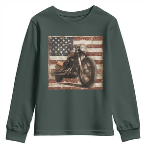 American Flag Motorcycle Youth Sweatshirt Vintage Retro Biker USA 4th of July TS10 Dark Forest Green Print Your Wear