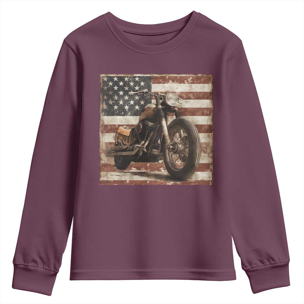 American Flag Motorcycle Youth Sweatshirt Vintage Retro Biker USA 4th of July TS10 Maroon Print Your Wear
