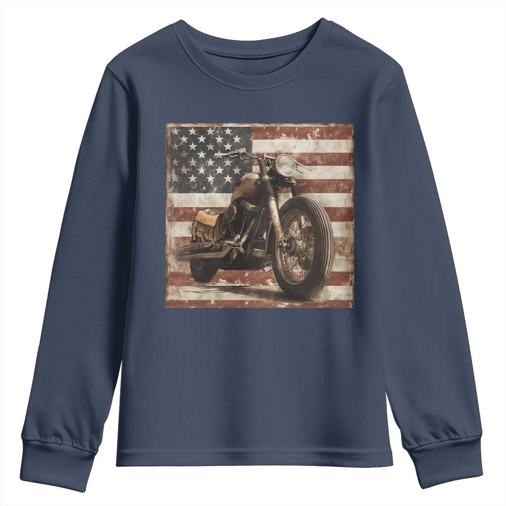 American Flag Motorcycle Youth Sweatshirt Vintage Retro Biker USA 4th of July TS10 Navy Print Your Wear