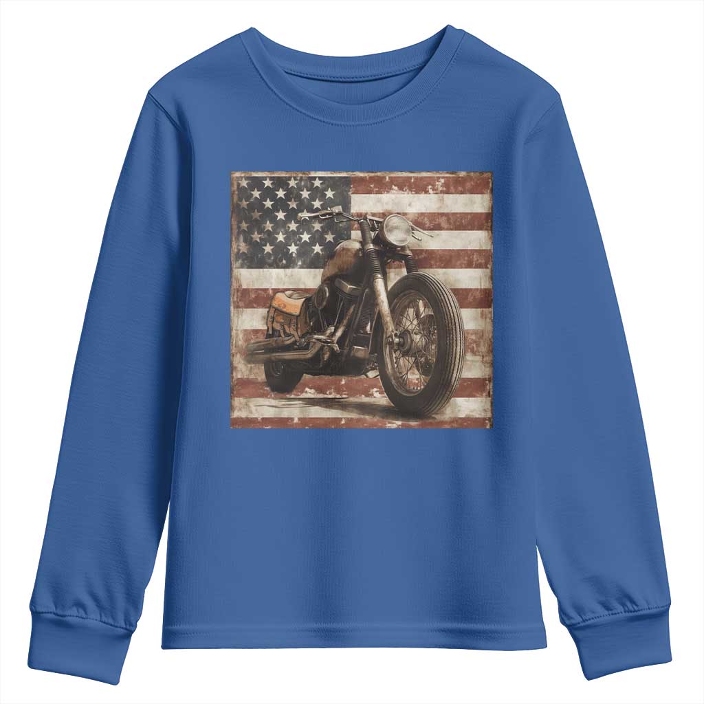American Flag Motorcycle Youth Sweatshirt Vintage Retro Biker USA 4th of July TS10 Royal Blue Print Your Wear